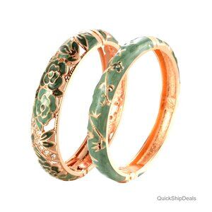 Vintage Enamel Rhinestone Hinged Cuff Bracelet Bangle Set 2.4" Diameter